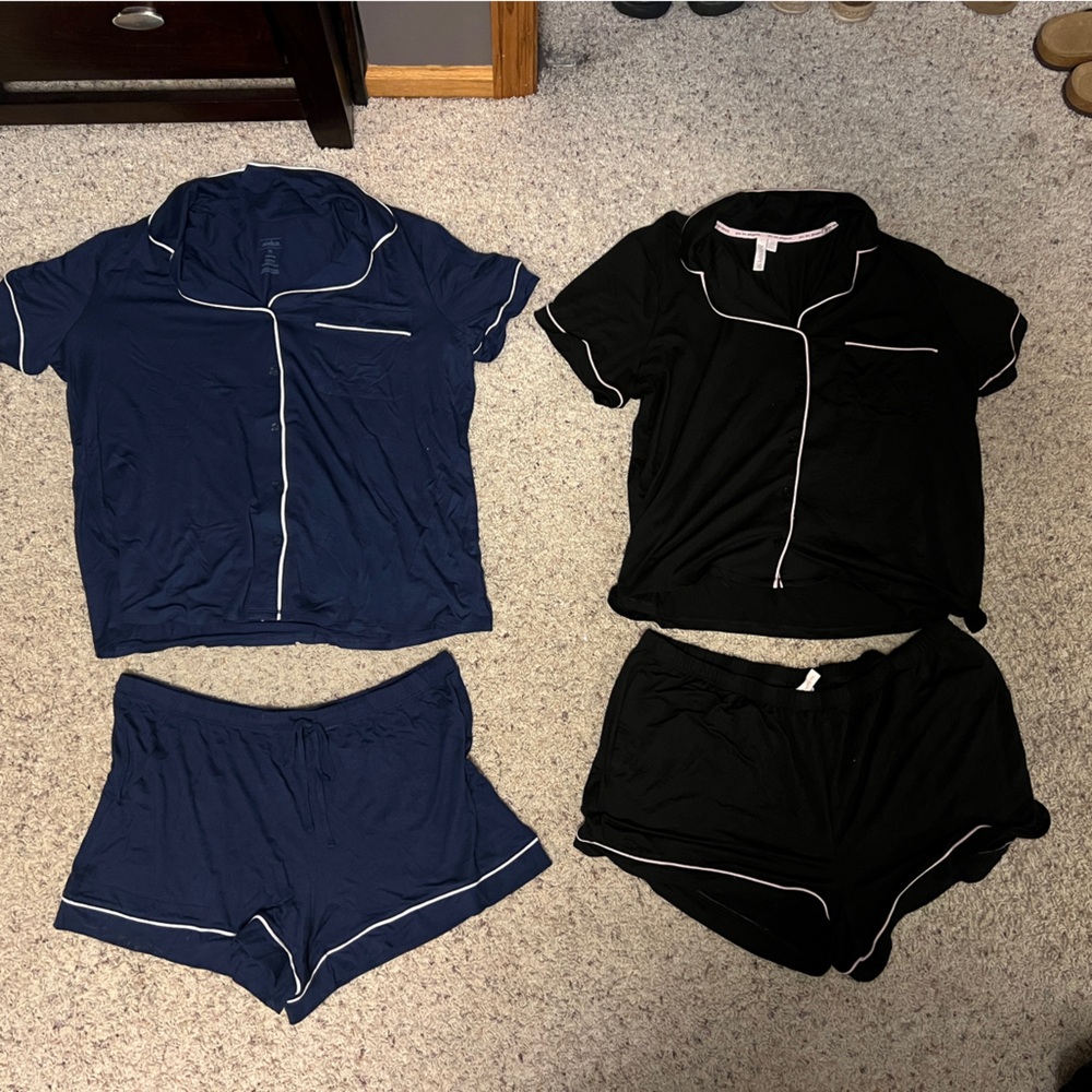 Black and Navy Pajama Set with White Trim